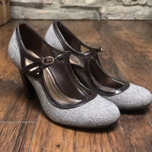 Brown Herringbone Pumps with Ankle Straps